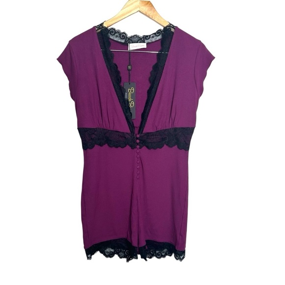 Beach Bunny Anise Lace Deep V-Neck Romper Oxblood Modal Blend Lounge Sleep M - Picture 2 of 7